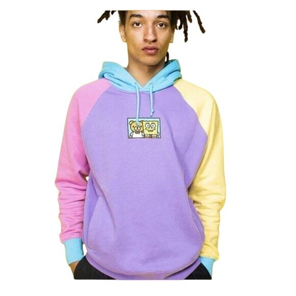 Teddy Fresh X SpongeBob SquarePants sweatshirt colorblock hoodie sz L - Picture 1 of 13